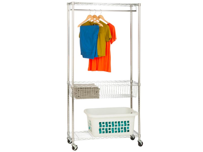 A rack that can hold clean clothes, laundry supplies, and dirty laundry