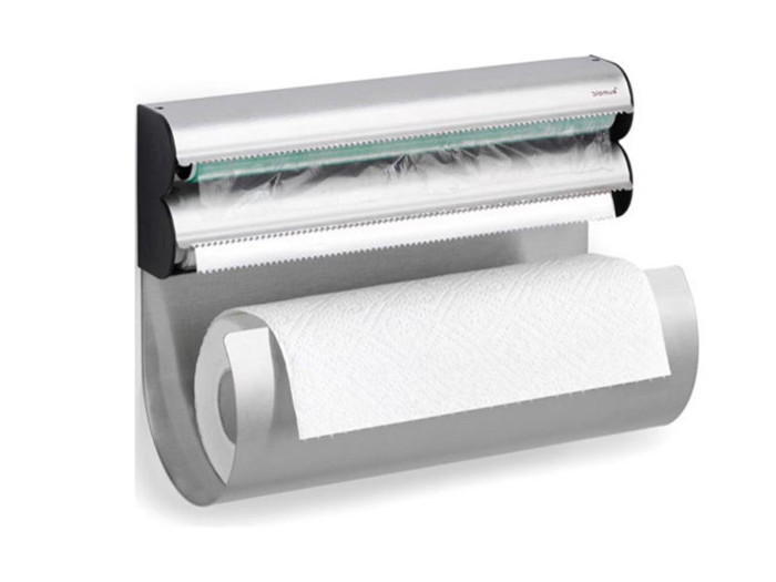 A holder that combines your plastic wrap, aluminum foil, and paper towel rolls