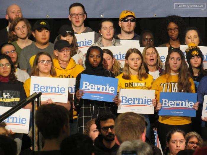 Sanders went on to say that Trump "embarrasses" the US every day. The youthful crowd booed at the mention of Trump