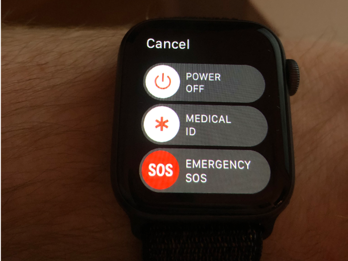 If you press and hold the side button, you can contact emergency services, or shut off your Watch completely.