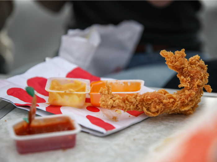 We got one of each available sauce for this taste test: the original Chick-fil-A, the Polynesian, the Honey Mustard, the Garden Herb Ranch, the Zesty Buffalo, the Barbecue, and the Sriracha.