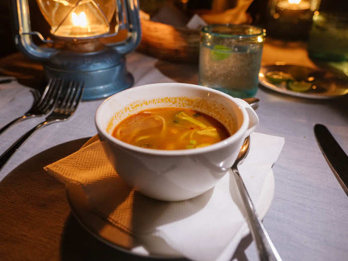 While the breakfast and lunch menus stay the same, the five-course dinner menu changes daily and includes French, Asian, Arabic, and Zanzibari influences. I started with a tom yum prawn soup with soya noodles.