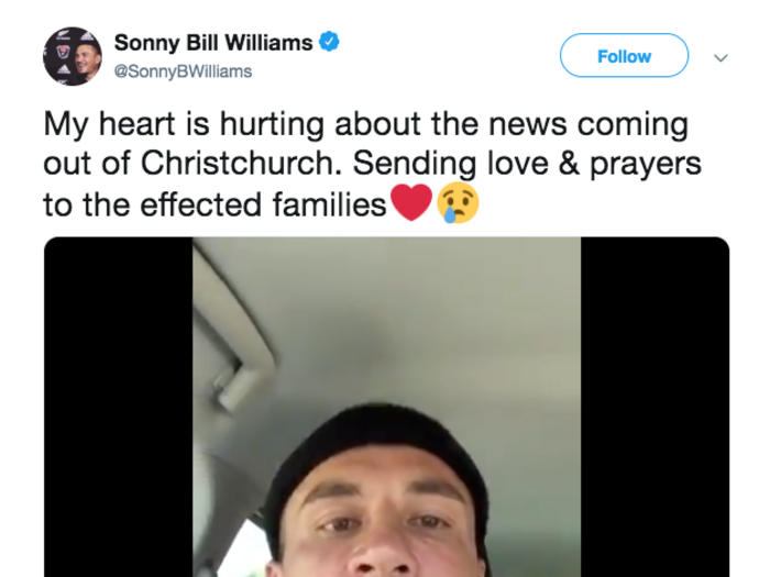 Star New Zealand rugby player Sonny Bill Williams posted a heartfelt message to the victims.