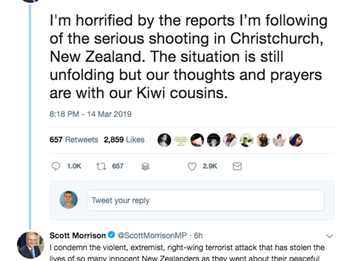 The Prime Minister of neighboring Australia, Scott Morrison, said the attackers had "stolen the lives of so many innocent New Zealanders".