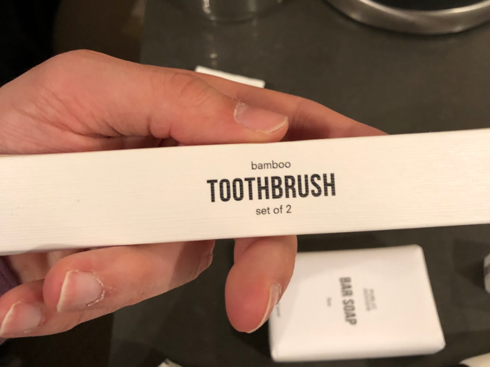 The toothbrushes came in a set of two inside a paper box.