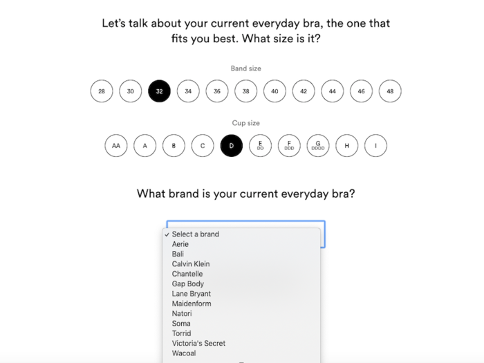 In the first question, you are asked to provide your usual cup and band size as well as your favored brand.