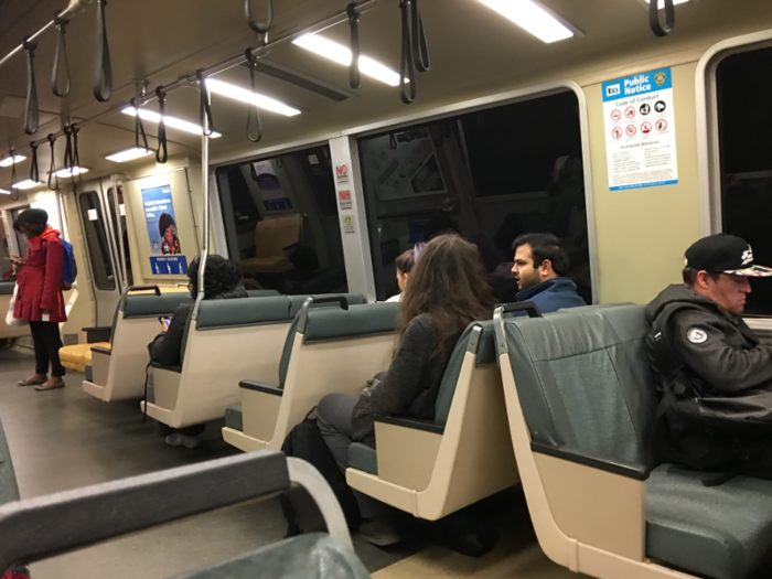 Seats on the legacy BART cars were positioned in rows close together, which could make it hard to get in and out on a crowded train.