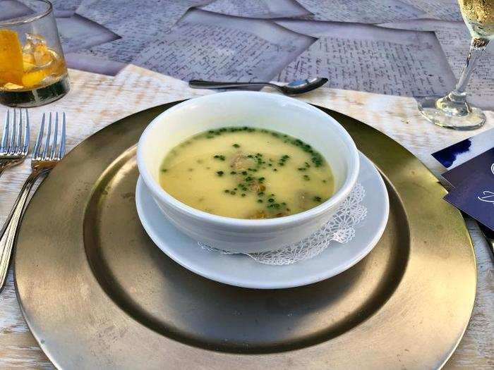 The first course was a thick celery soup with foie gras and black truffle butter, prepared by Wilo Benet.