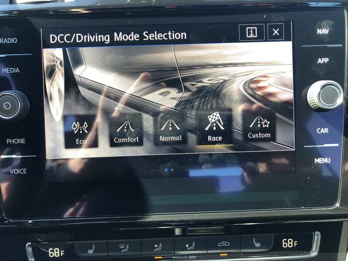 Driving modes are Eco, Comfort, Normal, Race, and Custom (the last allows you to configure steering, suspension, throttle and so on, to your liking).