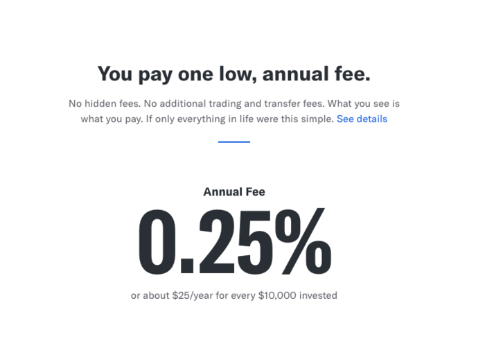 Betterment charges you an annual fee of 0.25%, which is $25 if you have $10,000 invested with them. Or $250 if you have $100,000. Or $2,500 if you invest a million. There are no additional costs.