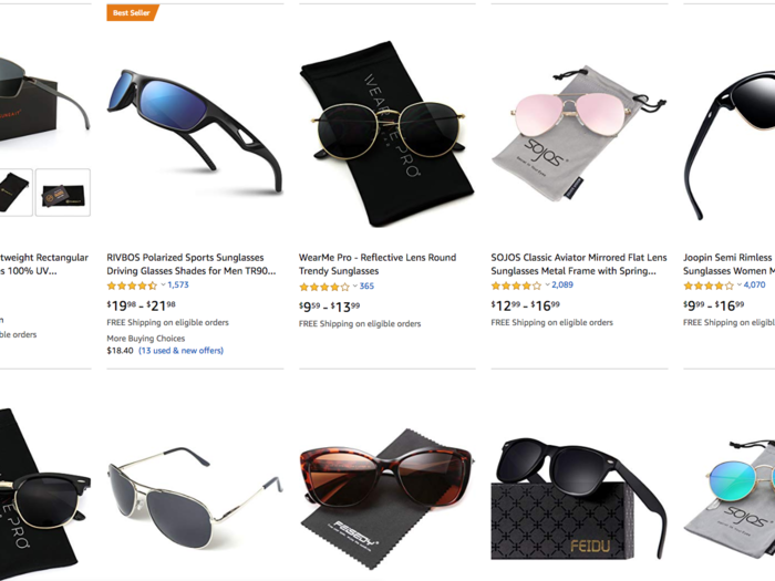 So to get somewhere, I needed to search. I searched "sunglasses" and was served with a ton of options. They were all priced higher, but similarly from unknown brands.