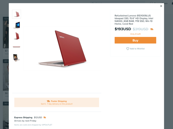 The next tab offered a selection of products that offered what the site billed as faster shipping: five to seven days. This Lenovo laptop was one of the only name-brand products I found on the site.