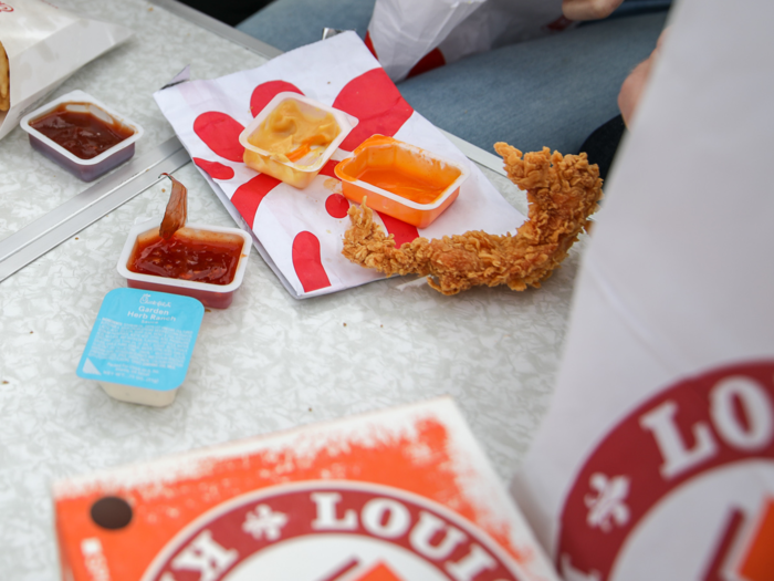 The sauces were so much fun to mix and match with our food that we abandoned our goal of dipping only Chick-fil-A