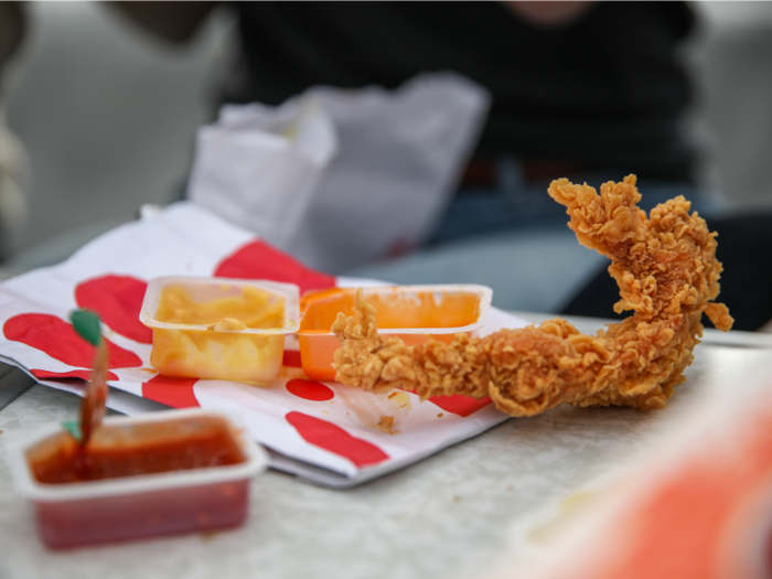 We got one of each available sauce for this taste test: the original Chick-fil-A, the Polynesian, the honey mustard, the garden herb ranch, the zesty Buffalo, the barbecue, and the Sriracha.