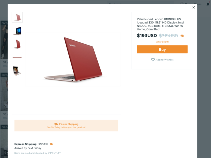 The next tab offered a selection of products that offered what the site billed as faster shipping: five to seven days. This Lenovo laptop was one of the only name-brand products I found on the site.