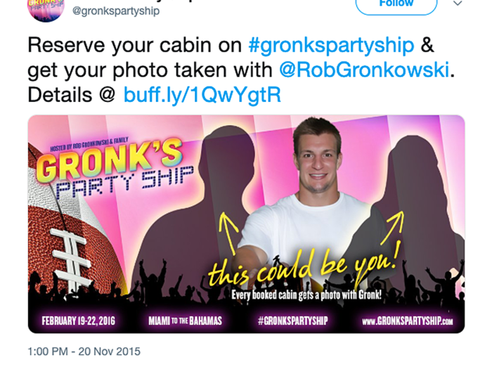 He previously topped the party bus by introducing a Gronk party boat cruise.