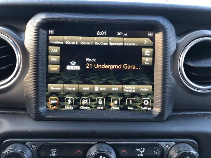 There are USB/AUX ports, recharging options, and an audio system that sounds completely awful in the Wrangler Rubicon. Can