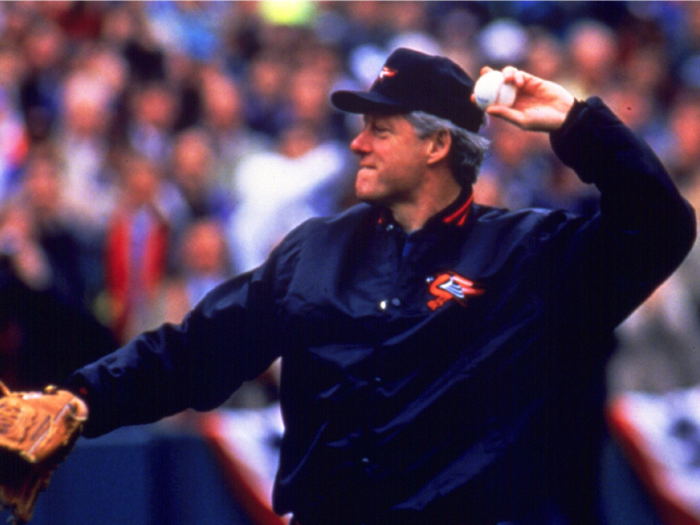 President Bill Clinton threw the first pitch for the Baltimore Orioles