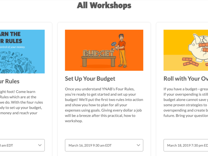 Every day, YNAB offers free, live 20-minute classes on the app and their website to help users optimize the budgeting system. They also dive deep into more specific topics such as creating a debt-repayment plan, saving money on groceries, and breaking the paycheck-to-paycheck cycle.