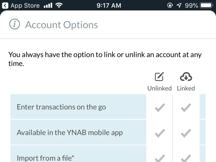 Linking your account allows your purchases to automatically filter into the app interface; not linking your account forces you to input every single one of your purchases manually into the app. For ease, I decided to link my checking account and two credit cards.