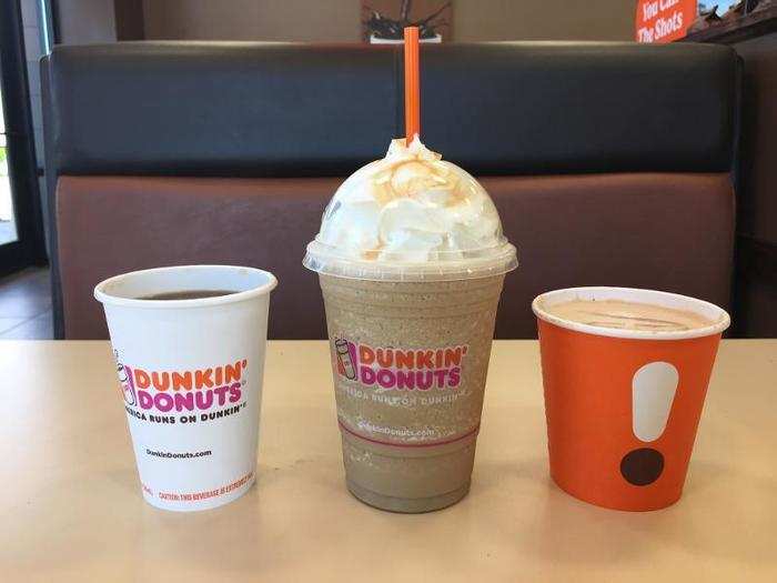 I ordered a small coffee ($2.39), a latté with a mocha swirl ($3.29), and a frozen coffee with a caramel swirl ($3.39).