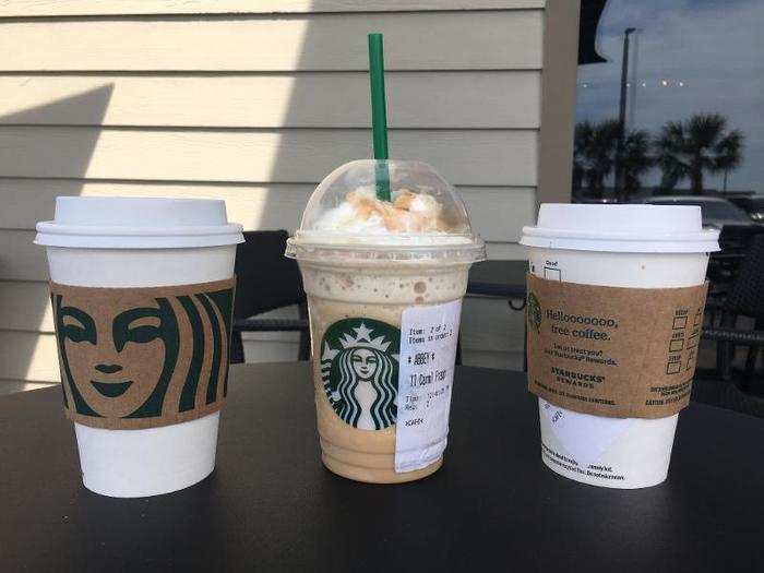 I ordered a tall Pike Place roast ($1.95), a mocha ($3.75), and a caramel Frappuccino ($3.95).