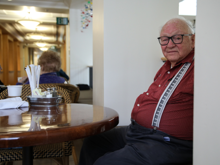 Len Sperry, 89, had just come from the fitness room when we met up with him in the café. His physical trainer had him doing aerobic exercises on the stationary bike, which he said he likes. He said he could also can press 170 pounds on the leg press machine.