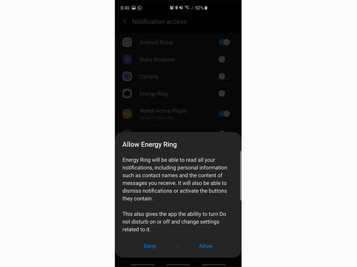 A popup will appear that says that Energy Ring will have a worrying amount of access to your notifications, "including personal information such as contact names and the content of messages you receive."