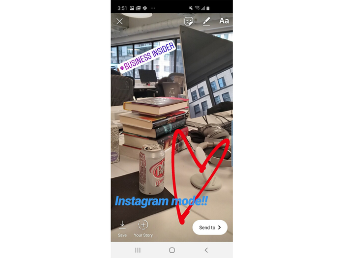 I added some text and a location tag to my Stories post. Just like in the Instagram app, I can save my Story to my phone, add it to my Story, or send it to select Instagram users. That