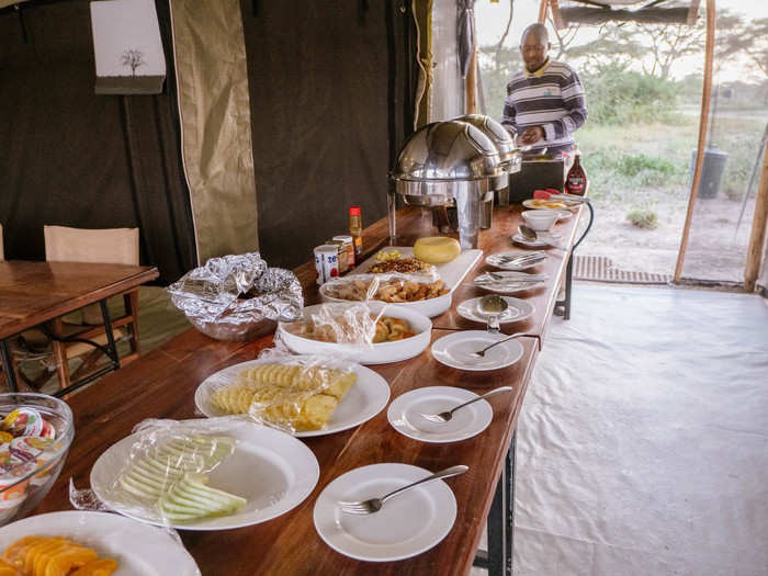 Breakfast at Ndutu Kati Kati and Burunge proved similar: eggs, beans, bacon, sausage, pancakes, and a variety of freshly cut fruit.