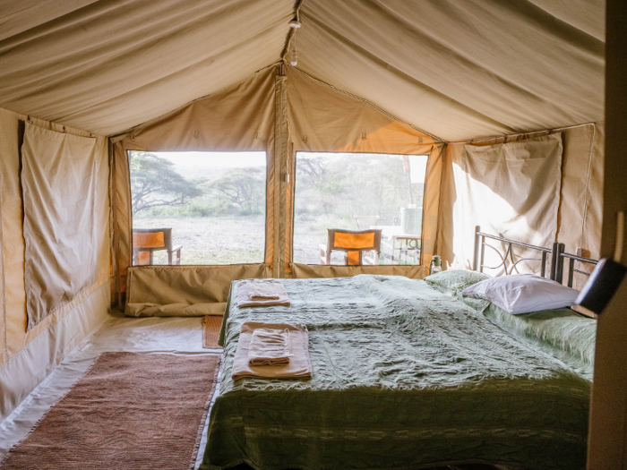 The tent could be set up with a king-size bed for one couple or two full-size beds for a family. They just push the two beds together. The temperature cools in the evenings, so the tent never gets too hot or cold.