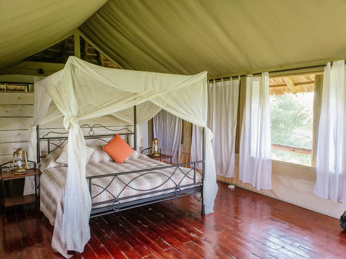 The hut was somewhere between a tent and a bungalow. It had a queen-size bed surrounded by a mosquito net, a shower with running water, electricity, and a small desk. The walls and door were lined with canvas to keep out bugs.