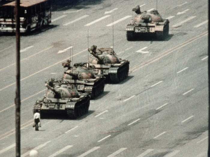 1989: Photographer Jeff Widener captured a protestor blocking tanks in Beijing