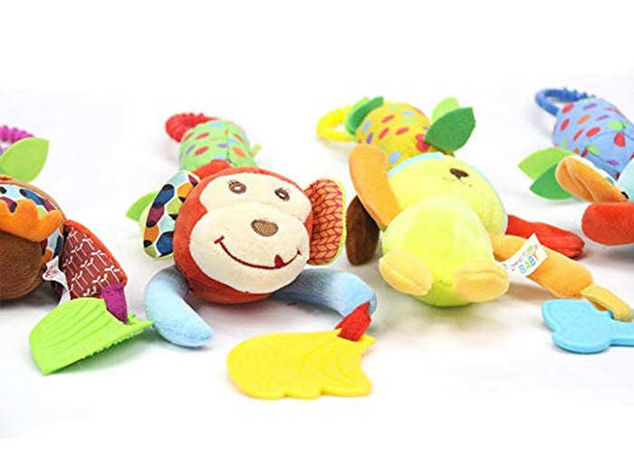 A set of sensory rattle toys that can hang on baby