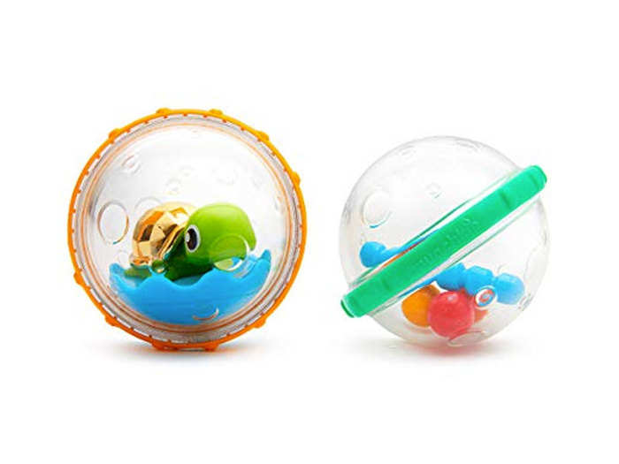 A set of fun toys that spin, rattle, and can even float in the bath