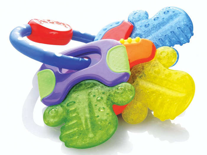 A teething toy that, when put in the fridge, also helps cool their gums