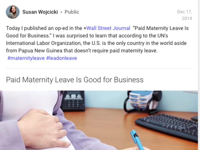 Susan Wojcicki, the CEO of YouTube, shared a post about the Wall Street Journal column she wrote about maternity leave.