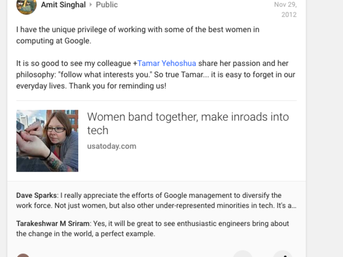 On his Google+ page, Singhal discussed the importance of women in tech.