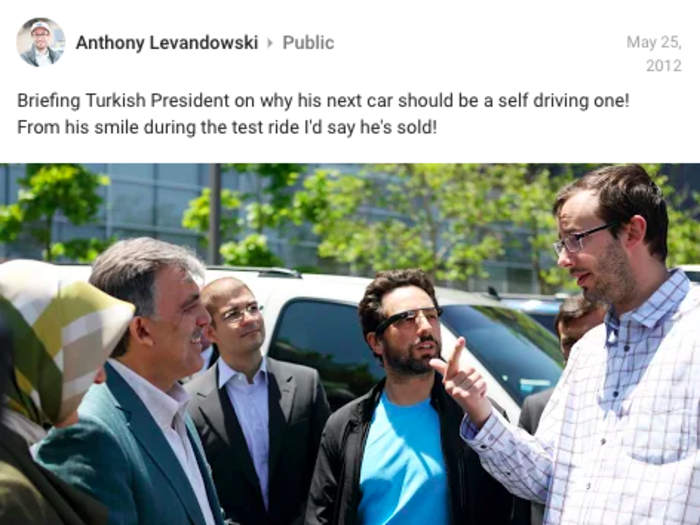 Here, Brin is featured in a photo wearing Google Glass in a post by another famous former Googler, Anthony Levandowski.