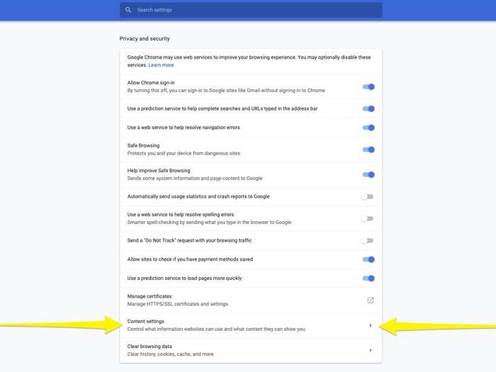 3. Navigate to the Privacy & Security section, and click on the Content Settings option.