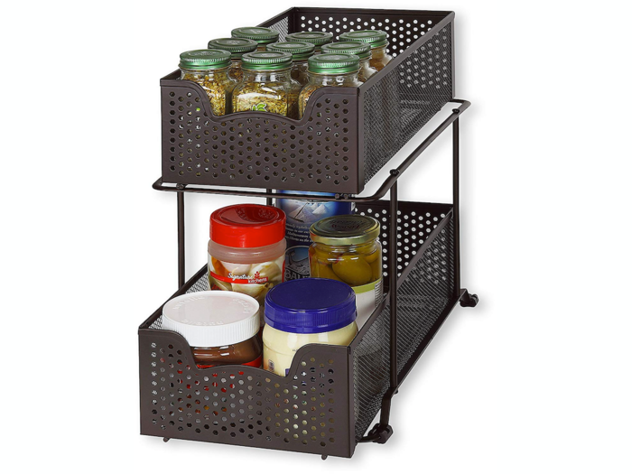 This sliding organizer you can easily store under the sink or inside a cabinet