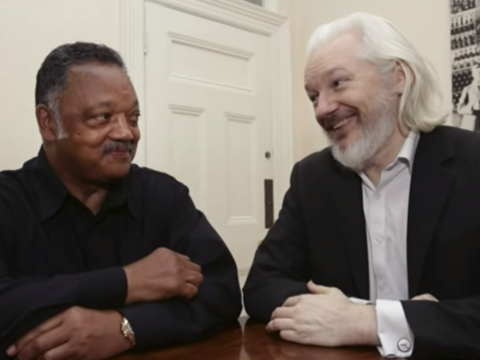 August 2015: Assange hosts and spends time chatting with Jesse Jackson, the American civil rights activist.