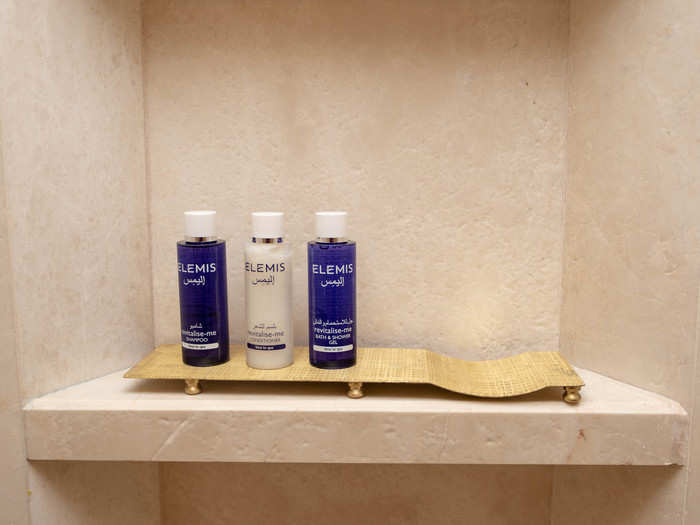 The toiletry products in the bathroom at Jumeirah Beach Hotel are Elemis, a London-based spa company. You get a few travel-size bottles of the body wash, which goes for around $30-40 for a full-size bottle. It