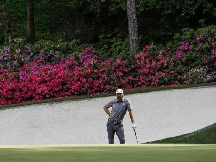 Dustin Johnson waits in front of the azaleas.