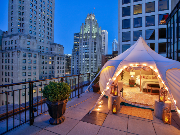 With the tent set up on the terrace, the two-bedroom, 2.5-bath Gwen Lux Suite comfortably sleeps 6 guests.