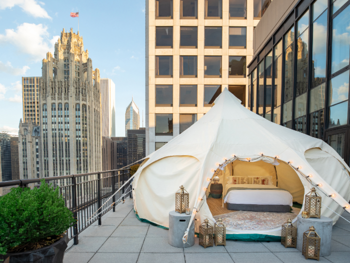 Guests have the option to order from a specialized four-course menu, which includes caviar and grilled snapper. The terrace offers sweeping views of Michigan Avenue.