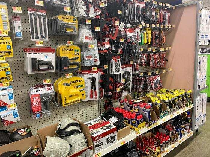 The hammers, the nails, and the tape measures were all either in the same aisle or just one aisle away from each other.