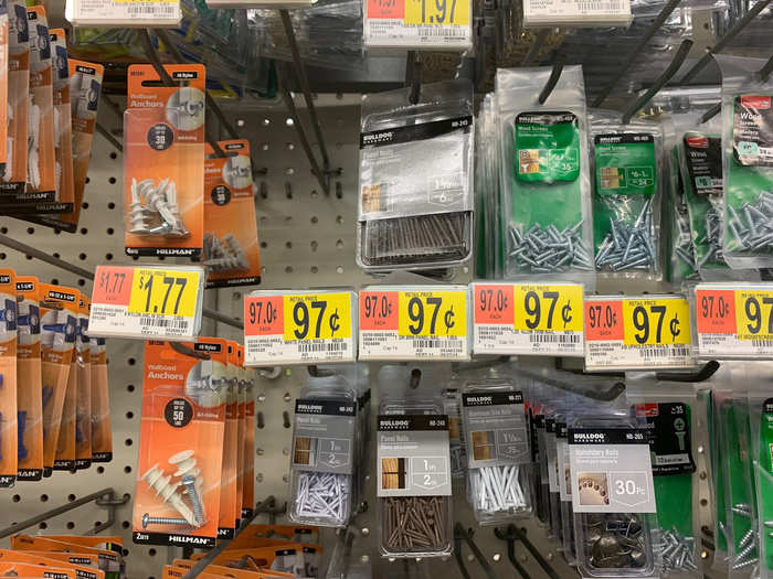 And finally, one aisle over, there were small boxes of different kinds of nails for under a dollar, which seemed like a great deal. It took perhaps one minute to locate all three items in Walmart.