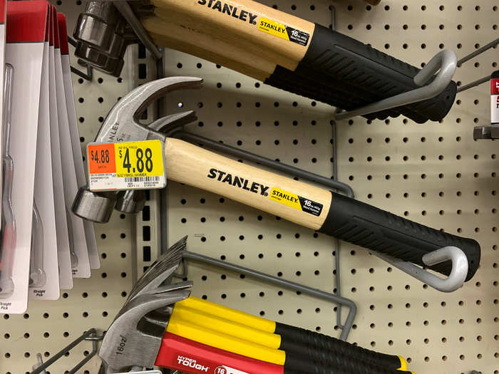 Though our choices were more limited, we found a Stanley fiberglass hammer for $4.88, a price much lower than over at Lowe