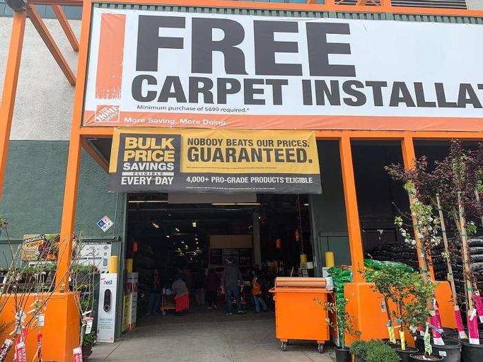 Another service Home Depot offered to simplify matters was free carpet installation — there was a large banner promoting it at the store